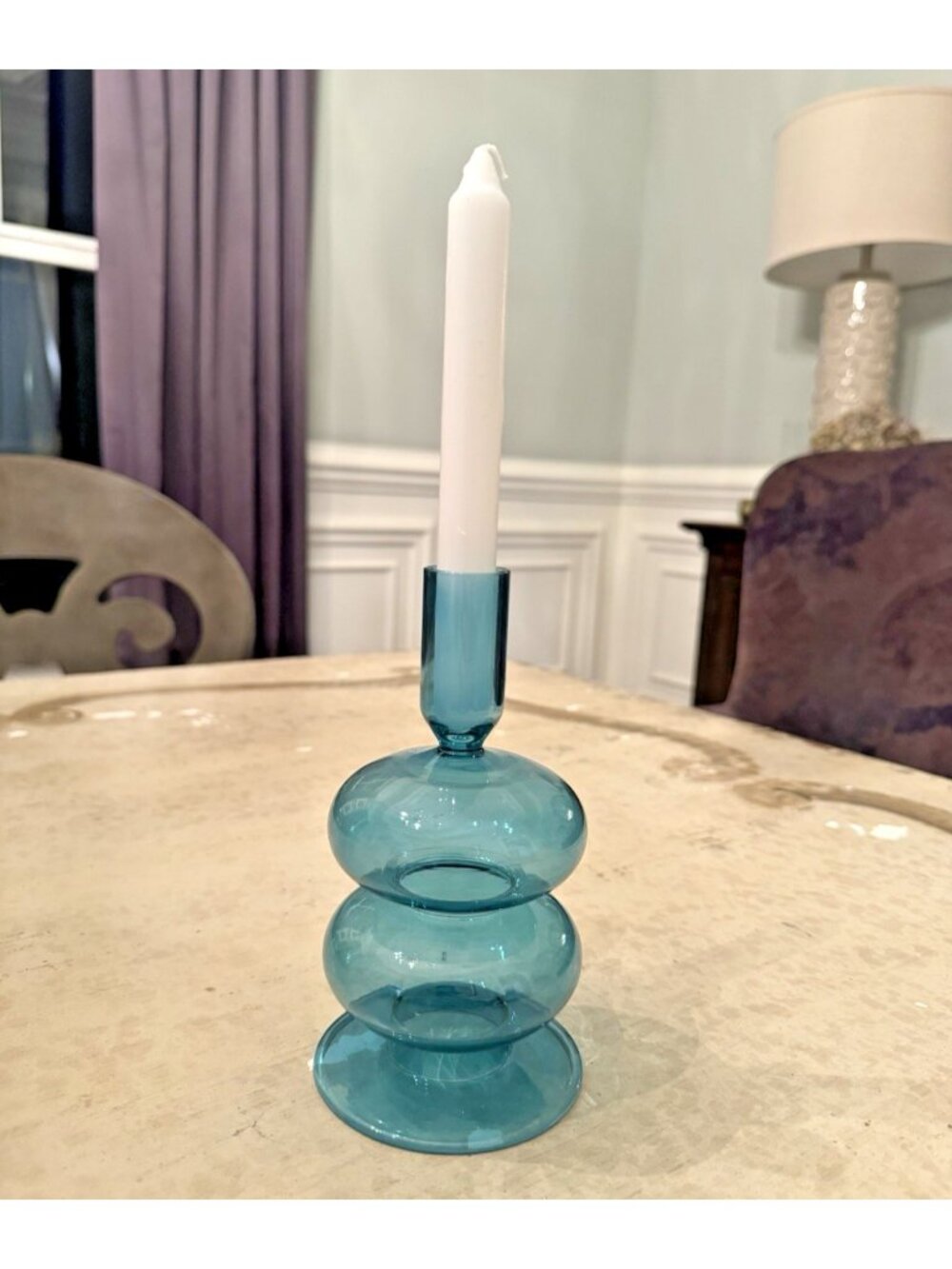 Retro Wavy Glass Taper Candle Holder 7 x 3.5 in Teal MCM VTG Style Borosil